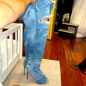 Over the knee heeled denim open toe boots